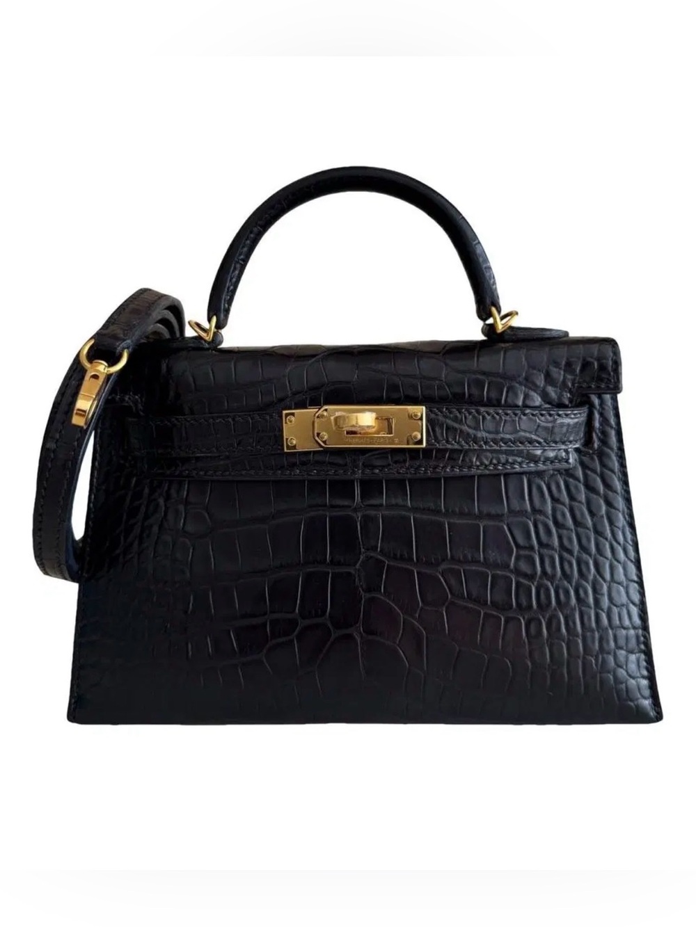Fashion Mini Kelly 25 Black Croc-Embossed  Leather Top Handle Satchel